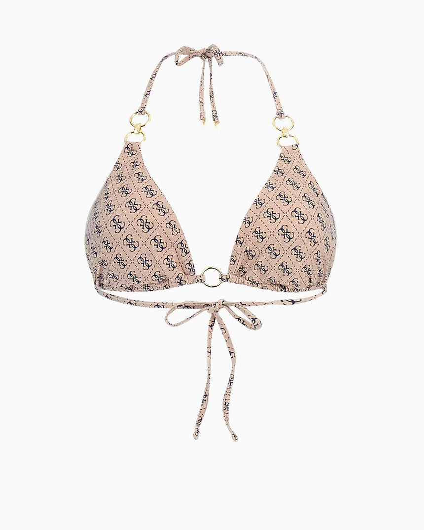 Guess Triangle Bağlamalı Bikini Üstü 4G Rustic Beige Aop