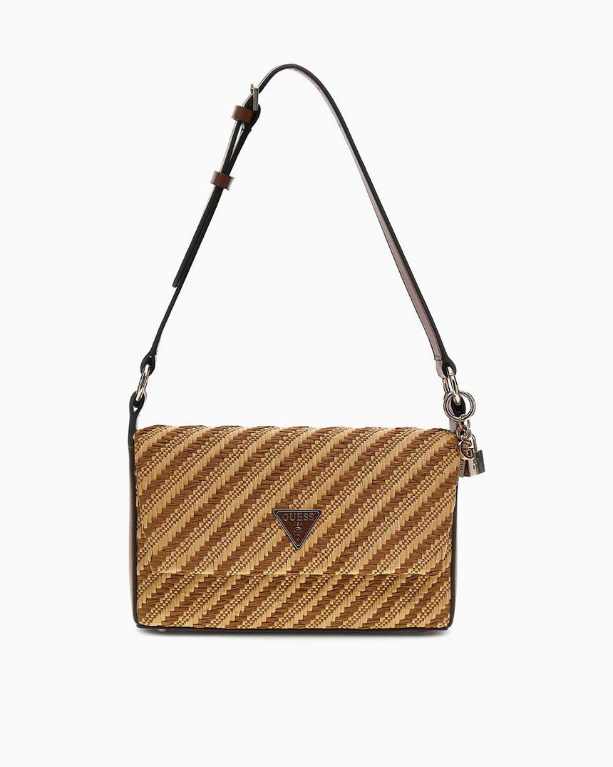Guess Simona Flap Rafya Omuz Çantası Natural - Cognac
