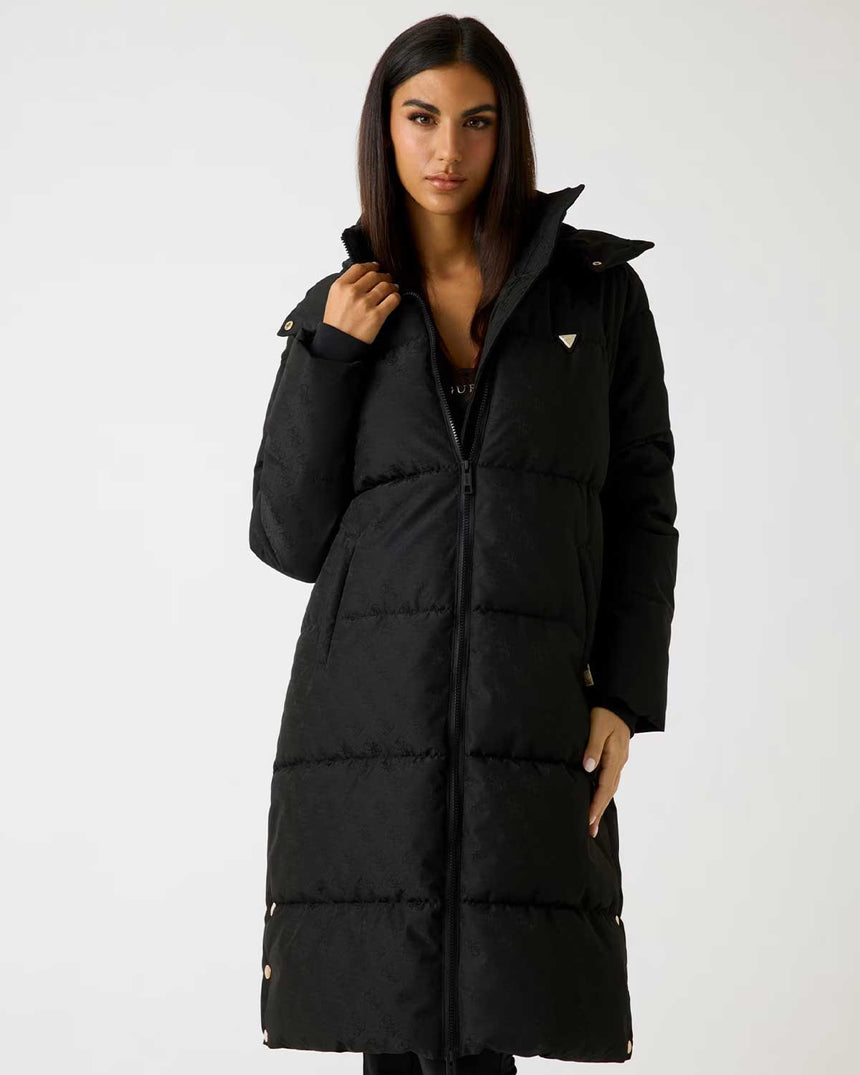 Guess Jakarlı Kapüşonlu Uzun Puffe Kadın Aktif Mont 4G JACQUARD JBLK MON