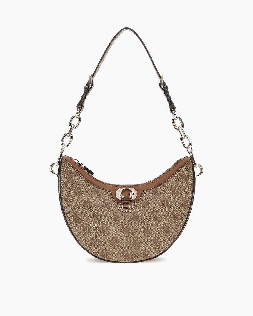 Guess Orlina Logo Top Zip Monogram Desenli Omuz Çantası Latte Logo / Brown