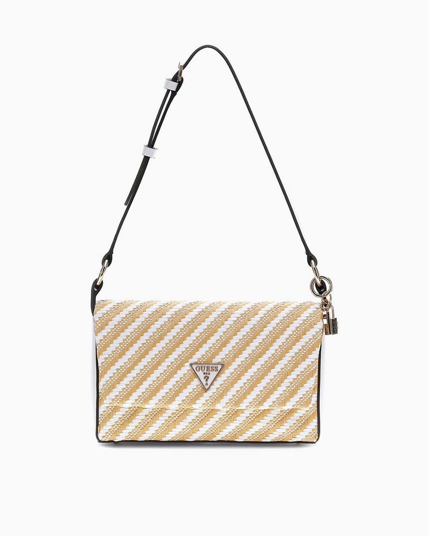 Guess Simona Flap Rafya Omuz Çantası Natural / White