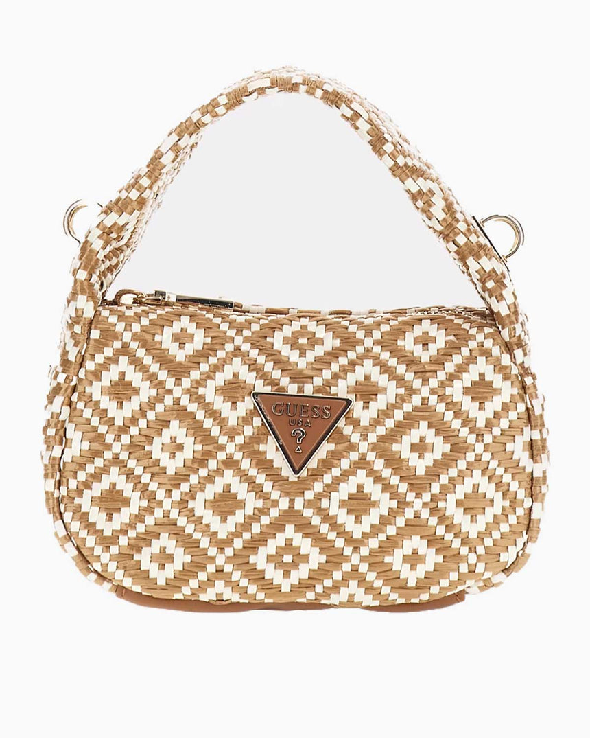 Guess Rianee Mini Hobo Desenli Çapraz Askılı Çanta Cognac