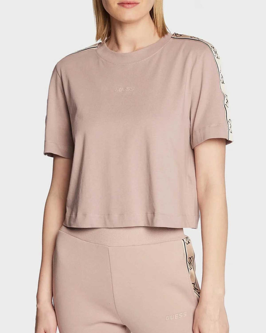 Guess Logo Şeritli Bisiktlet Yaka Tshirt Posh Taupe