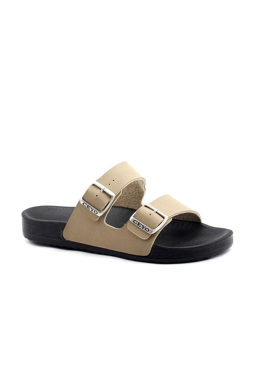 Ceyo Çift Kemer Tokalı Terlik Camel