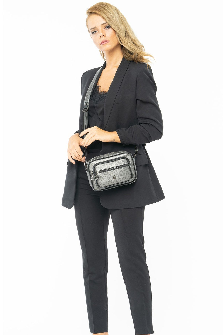 Benetton İki Ön Bölmeli Çapraz Askılı Kadın Çantası Platin - Siyah