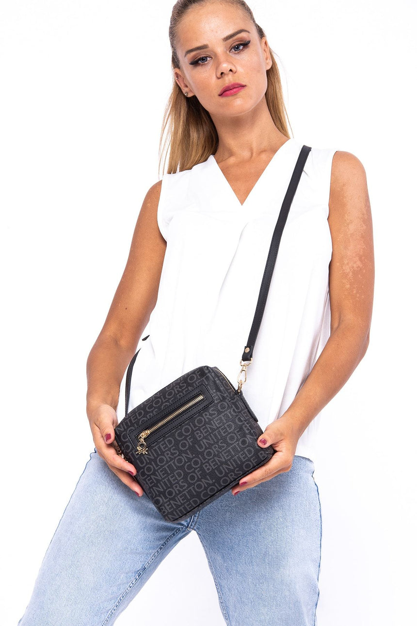 Benetton Üç Bölmeli Mono Çapraz Askılı Kadın Çantası Siyah