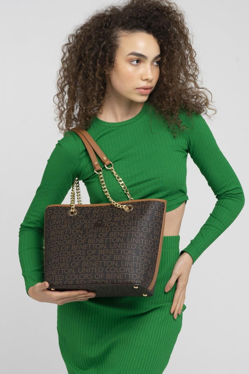 Benetton Zincir Askılı Fermuarlı Kadın Omuz Çantası Kahve-Taba