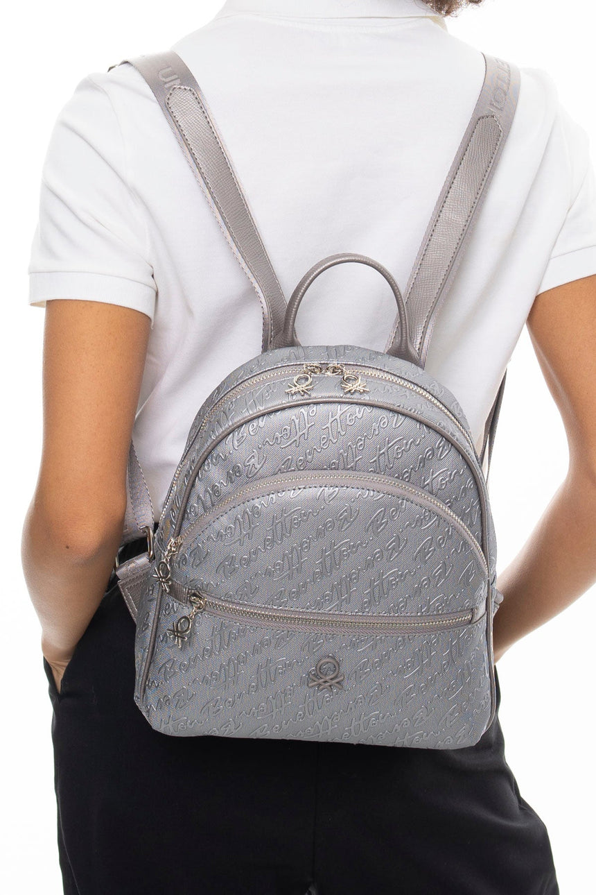Benetton Monogram Baskılı Sırt Çantası Platin