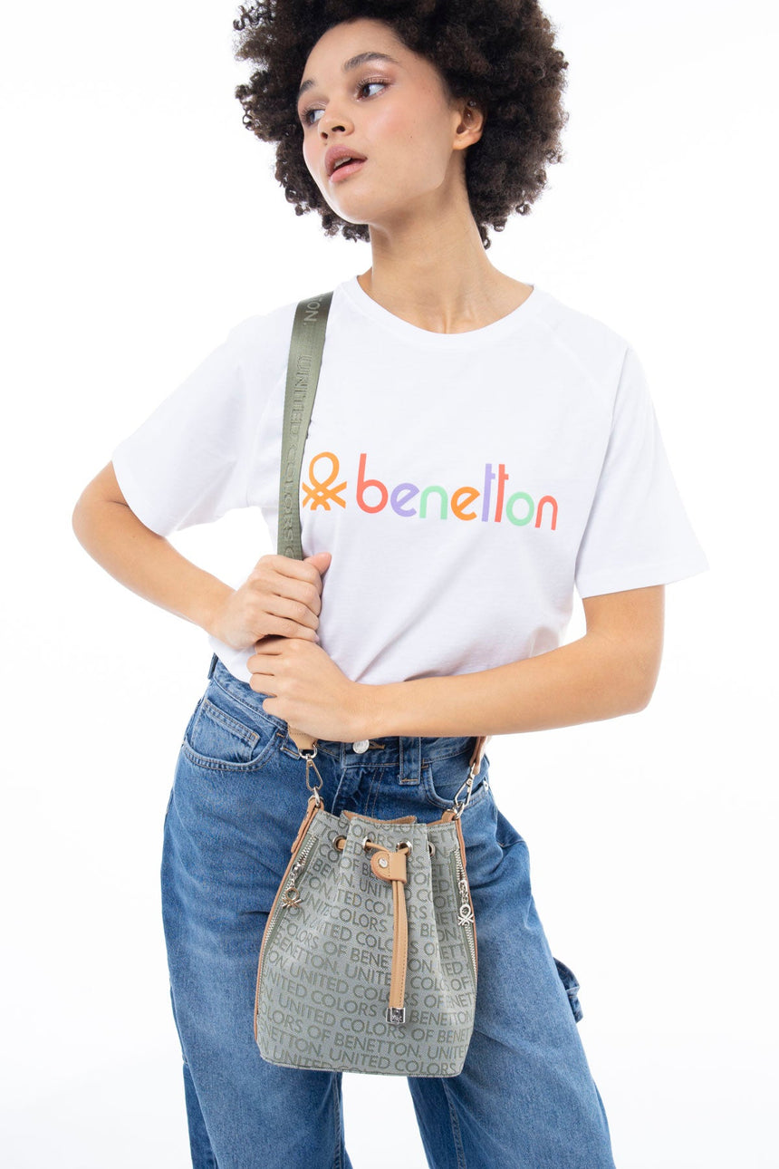 Benetton Büzgülü Omuz Çantası Yeşil - Açık Camel