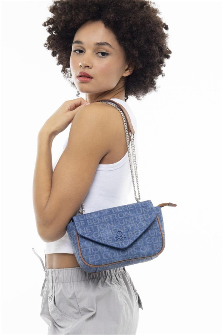 Benetton Zincir Detaylı Kadın Omuz Çantası Kot - Lacivert - Camel