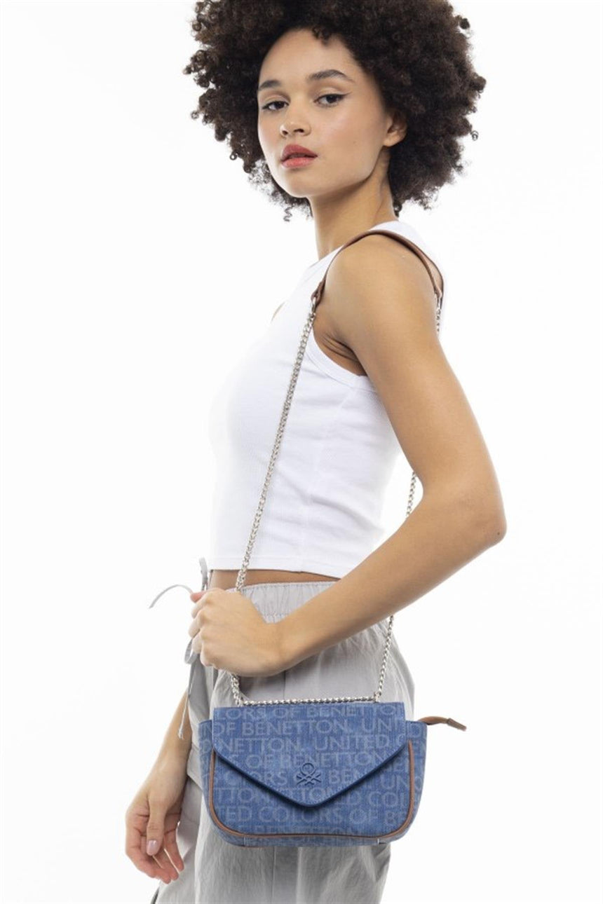 Benetton Zincir Detaylı Kadın Omuz Çantası Kot - Lacivert - Camel