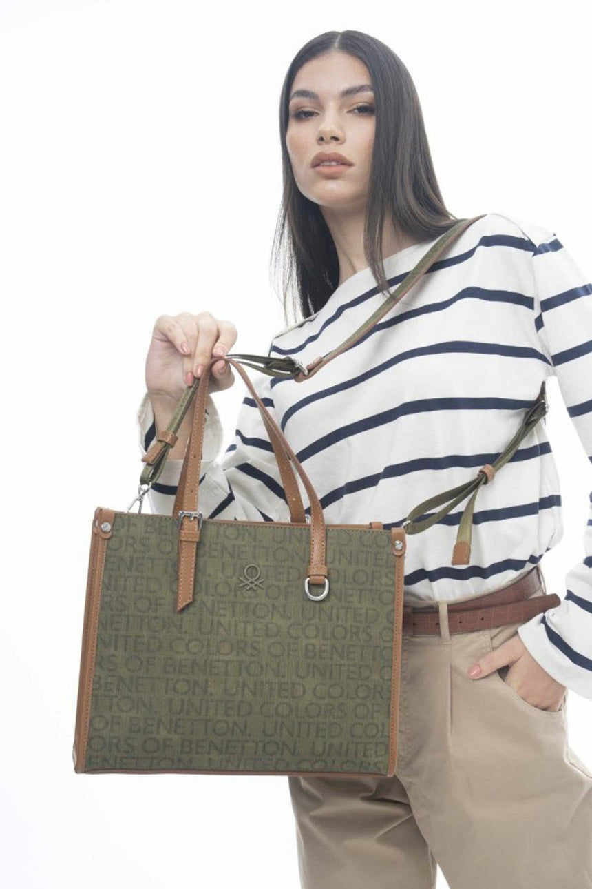 Benetton Monogram Baskılı Omuz Çantası Haki