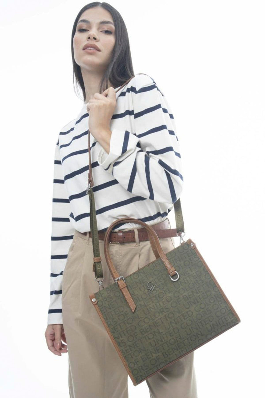 Benetton Monogram Baskılı Omuz Çantası Haki