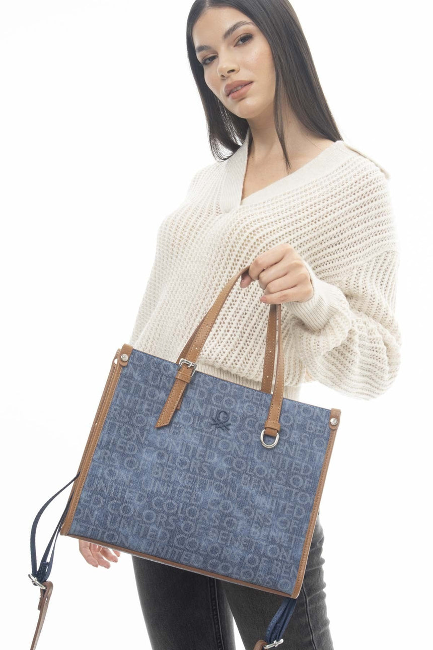 Benetton Monogram Baskılı Omuz Çantası Kot - Lacivert