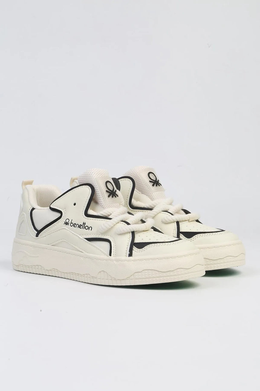 Benetton Çizgi Şerit Detaylı Sneakers Bej - Siyah