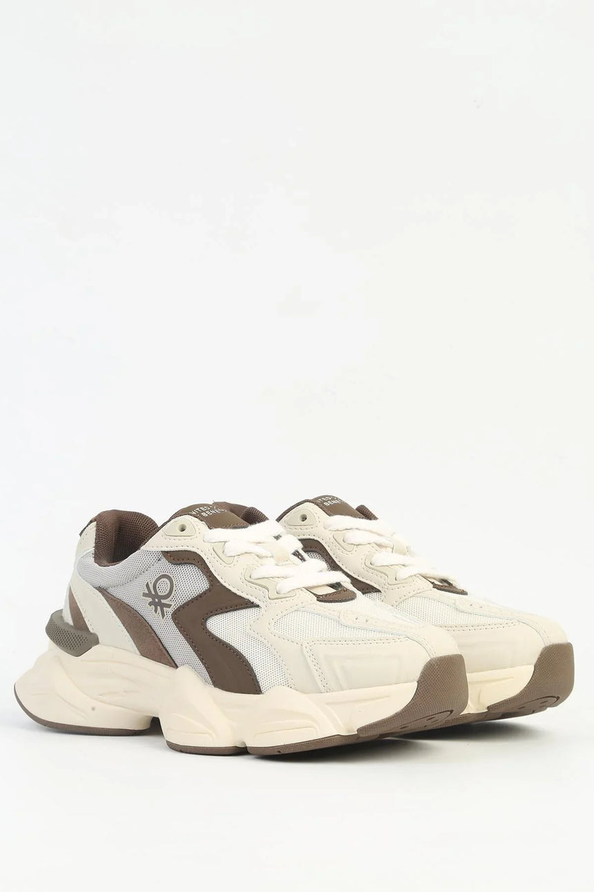 Benetton Logo Detaylı Bağcıklı Sneaker Bej - Kahve