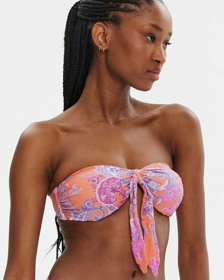Guess Knotted Bandeau Straplez Bikini Üstü Ethnic Paisley Peach