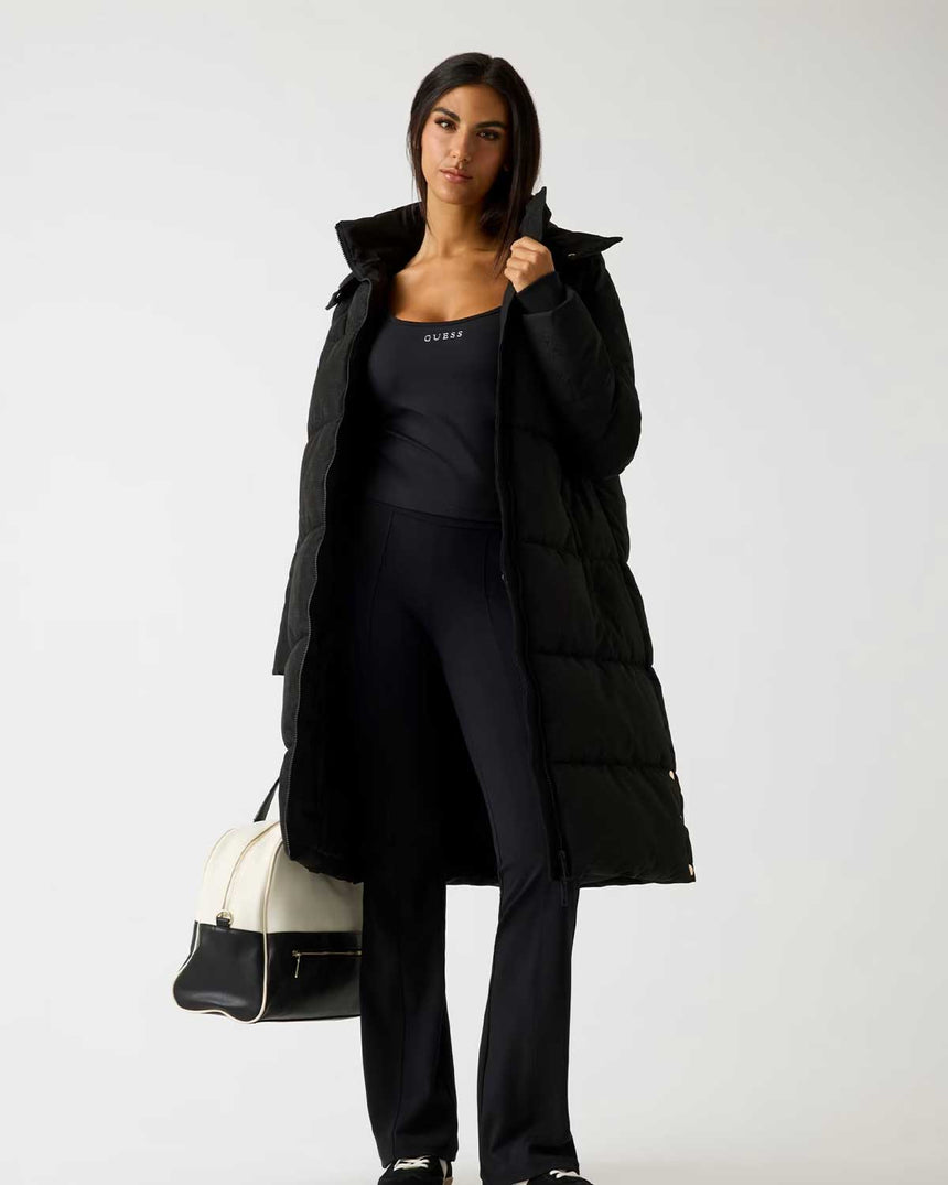 Guess Jakarlı Kapüşonlu Uzun Puffe Kadın Aktif Mont 4G JACQUARD JBLK MON