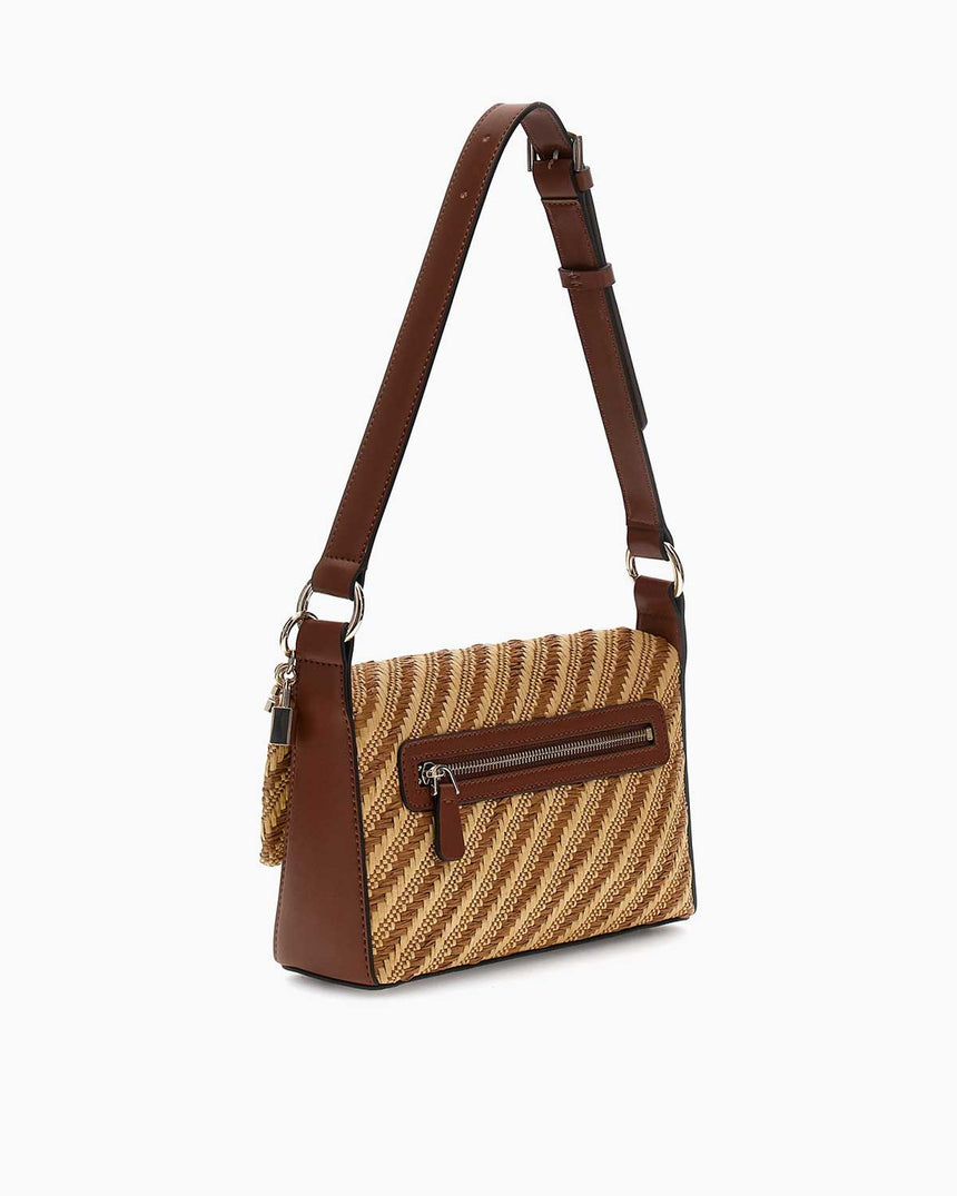 Guess Simona Flap Rafya Omuz Çantası Natural - Cognac