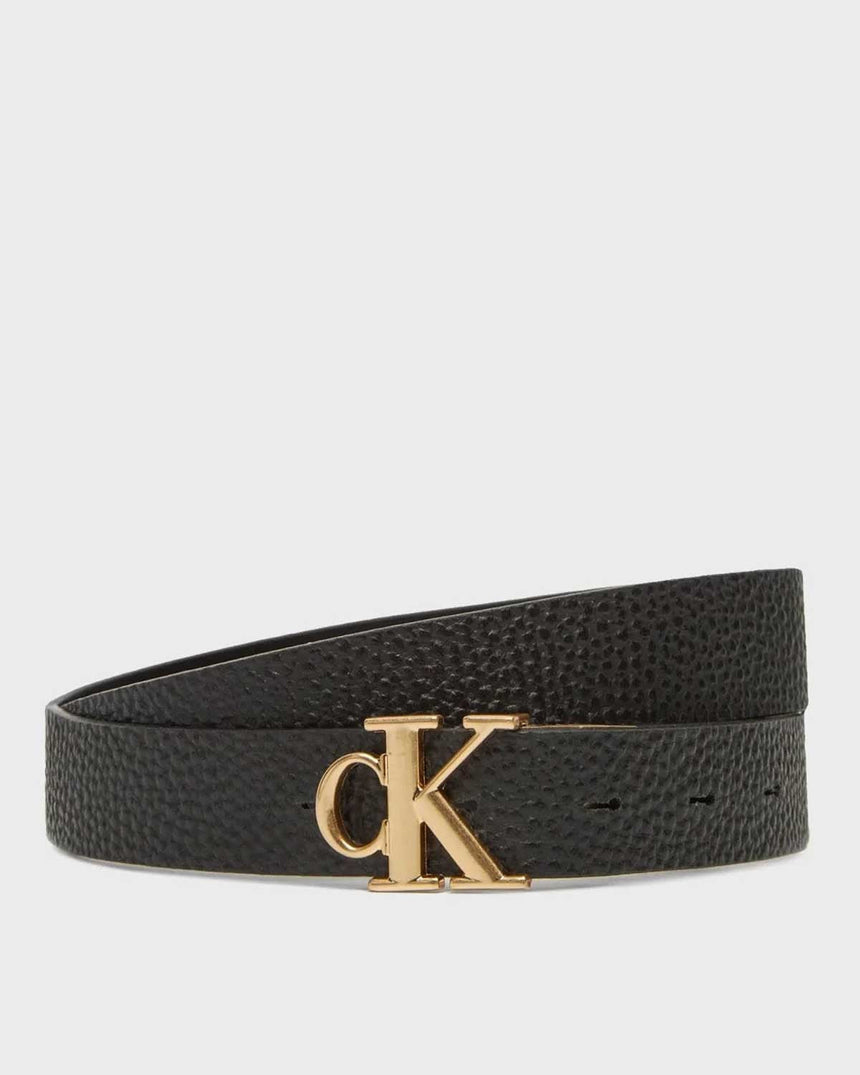 Calvin Klein Monogram Plakalı Çift Taraflı 25mm Kadın Kemer BLACK / CK LIGHT GOLD