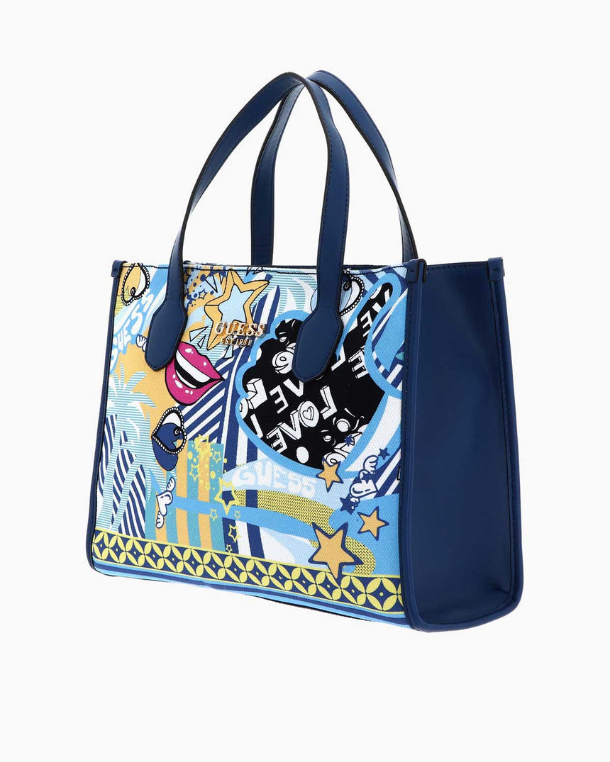 Guess Silvana Compartment Desenli El Çantası Blue Multi
