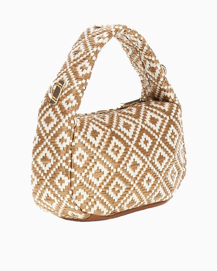 Guess Rianee Mini Hobo Desenli Çapraz Askılı Çanta Cognac