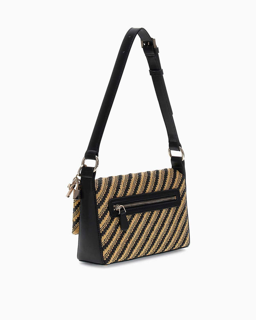 Guess Simona Flap Rafya Omuz Çantası Natural - Black