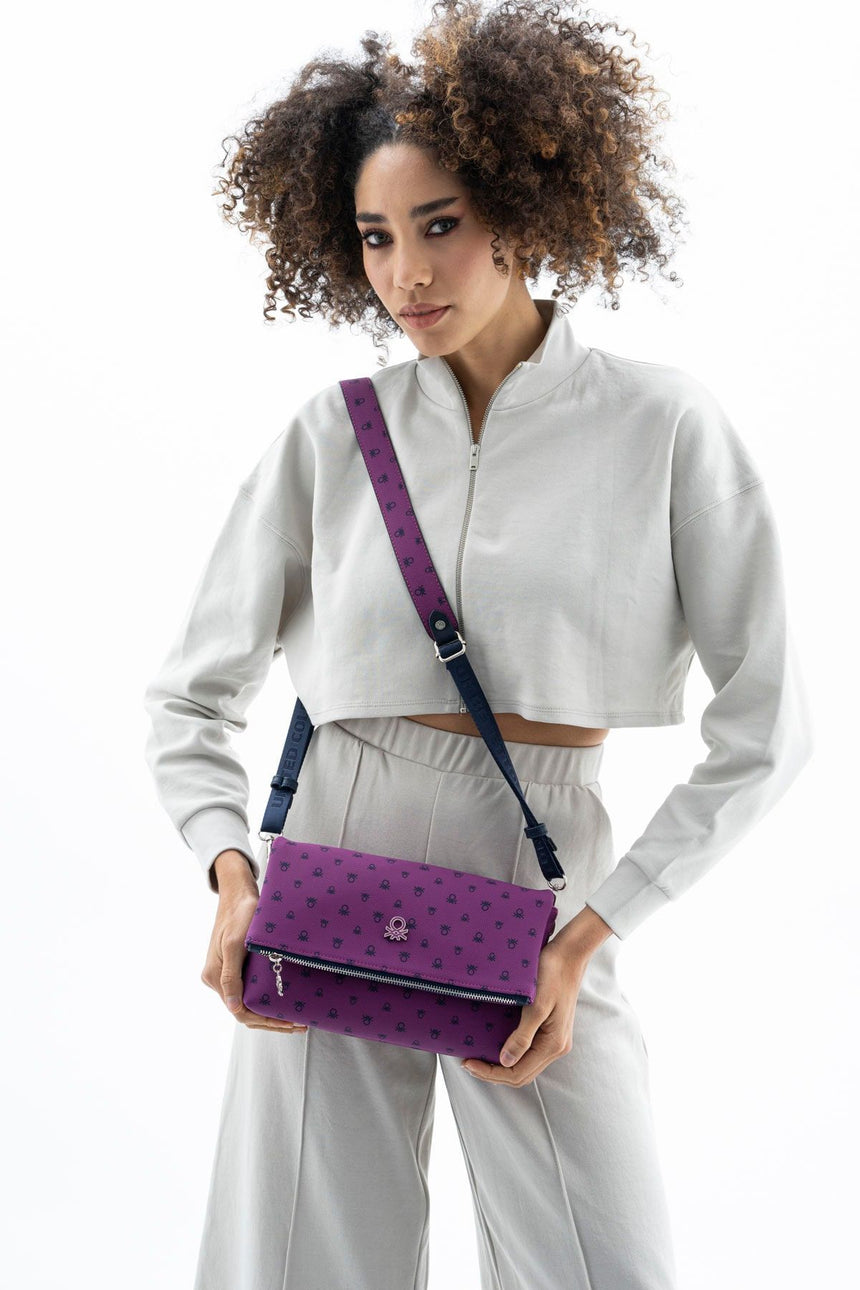 Benetton Logo Baskılı Çapraz Askılı Kadın Çantası Mürdüm - Lacivert