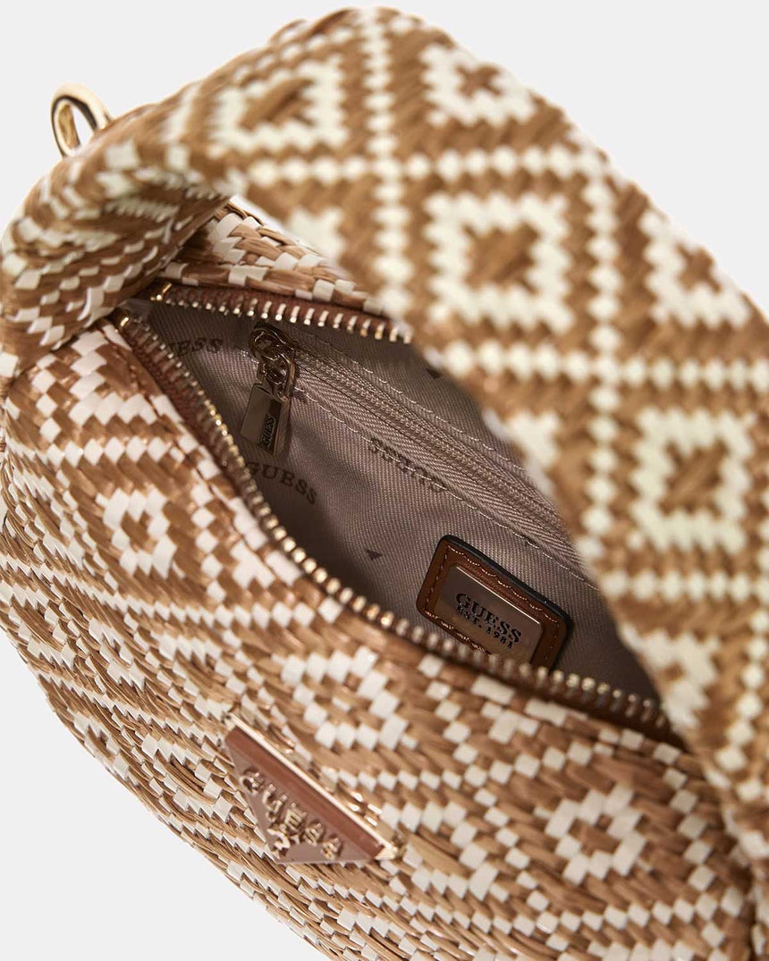 Guess Rianee Mini Hobo Desenli Çapraz Askılı Çanta Cognac