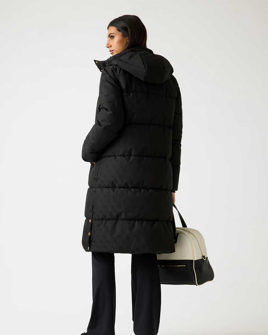 Guess Jakarlı Kapüşonlu Uzun Puffe Kadın Aktif Mont 4G JACQUARD JBLK MON