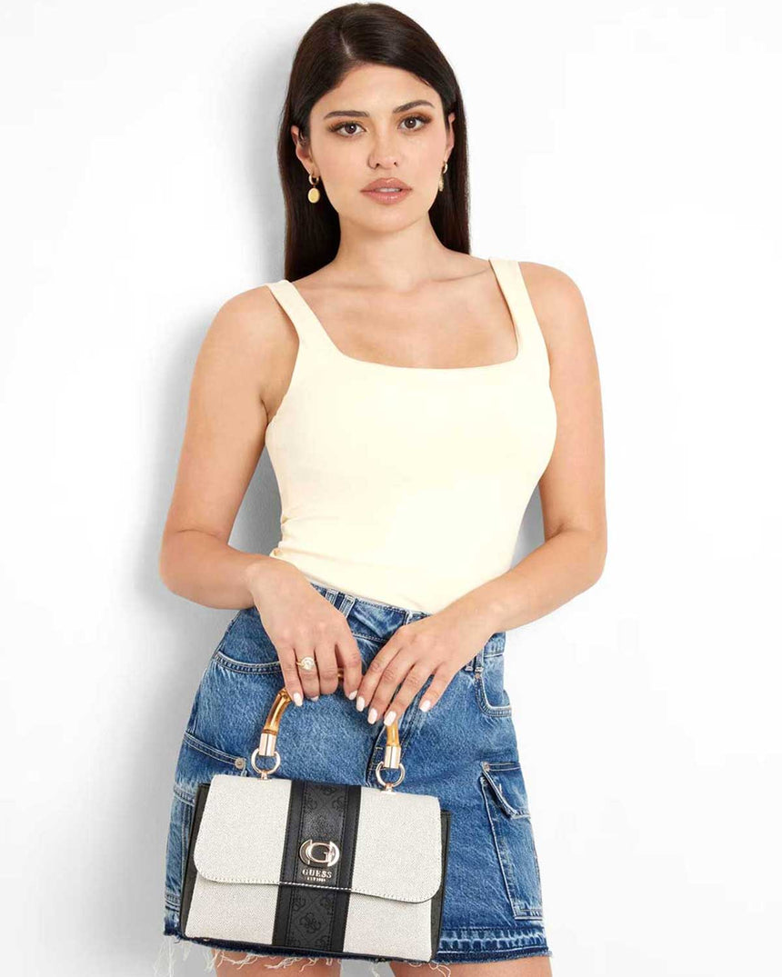 Guess Flap Canvas Small Tote El Çantası Natural / Coal Logo