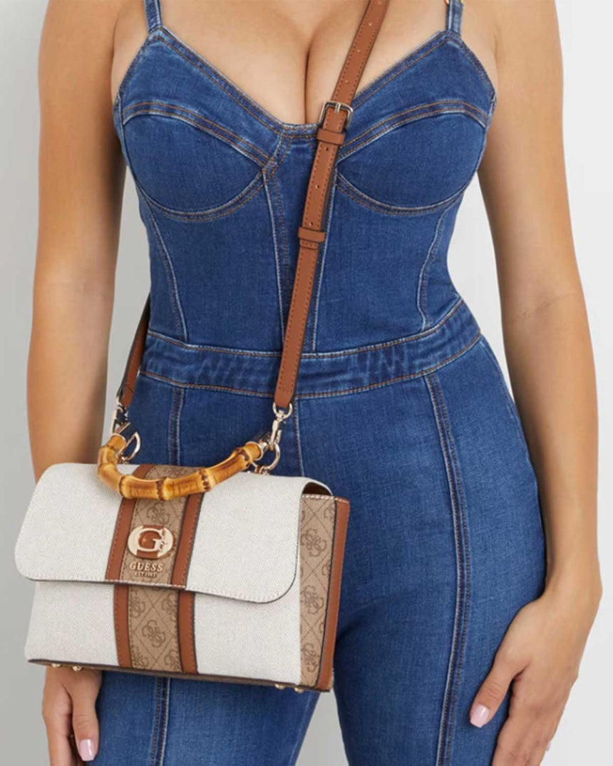 Guess Flap Canvas Small Tote El Çantası Natural / Latte Logo