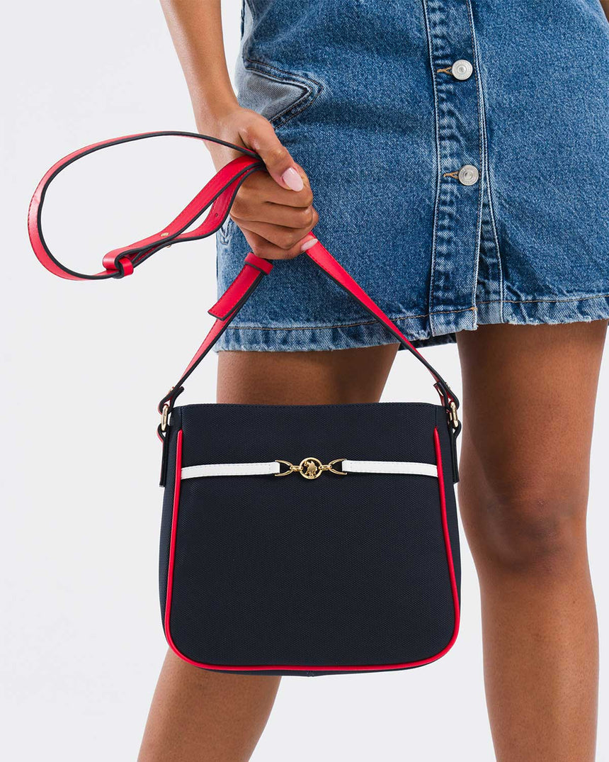 Us Polo Assn Gold Logo Detaylı Ayarlanabilir Çapraz Askılı Çanta Lacivert - Kırmızı - Beyaz