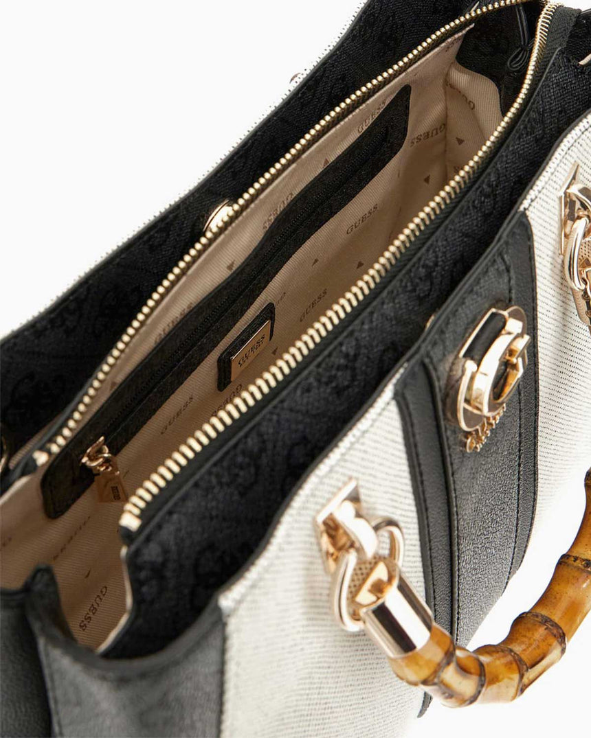 Guess Satchel Monogram Detaylı El Çantası Natural / Coal Logo