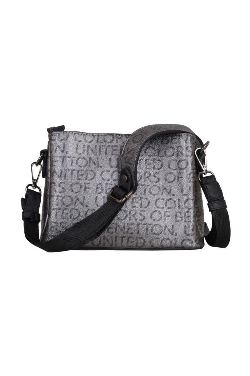 Benetton Çıt Çıtlı Monogram Çapraz Askılı Kadın Çantası Platin - Siyah