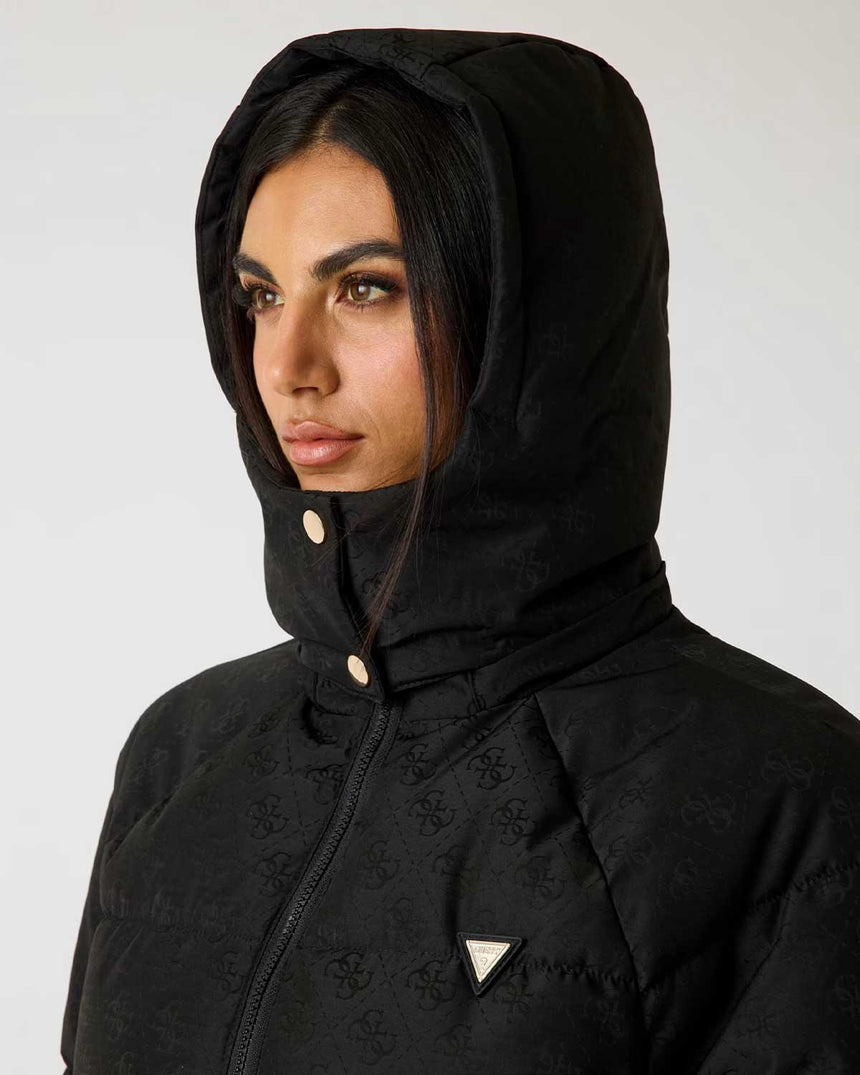 Guess Jakarlı Kapüşonlu Uzun Puffe Kadın Aktif Mont 4G JACQUARD JBLK MON