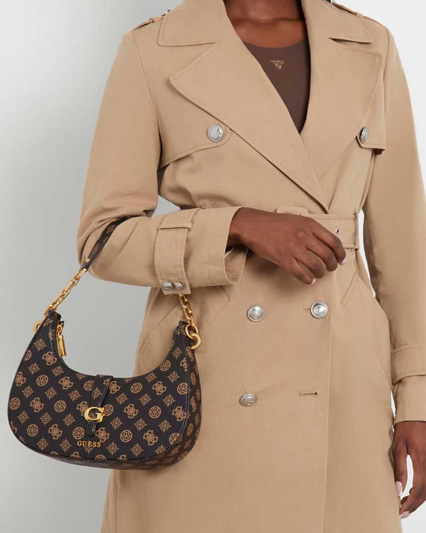 Guess Kuba Top Compartment Monogram Omuz Çantası Mocha Logo