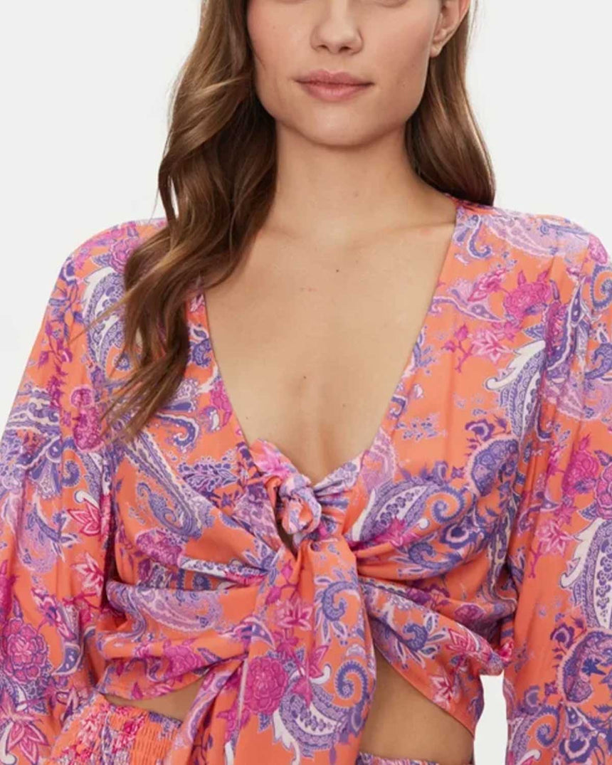 Guess Knotted Crop Kimono Ethnic Paisley Peach