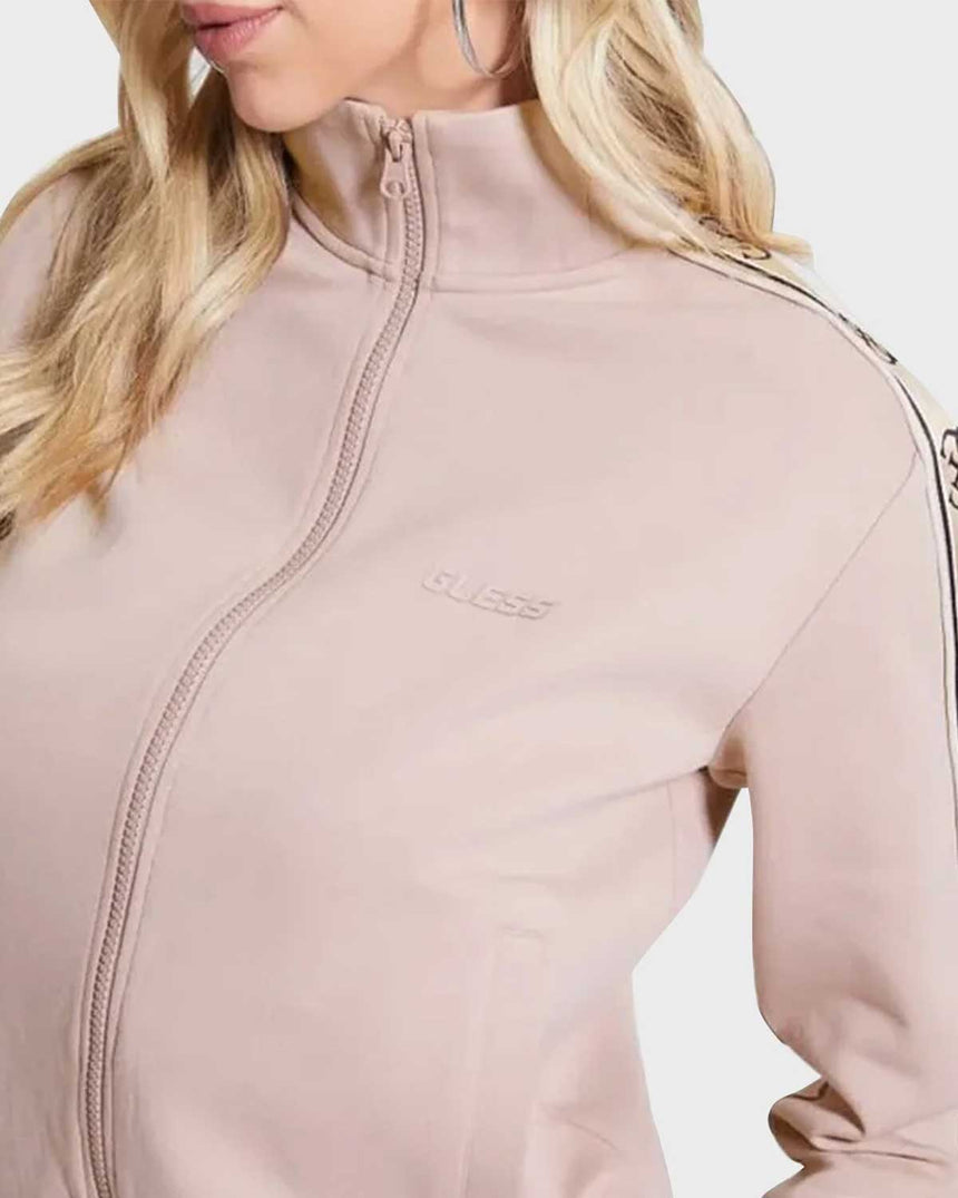 Guess Britney Logo Şeritli Fermuarlı Sweatshirt Posh Taupe