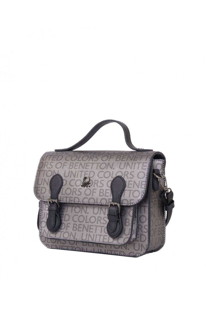 Benetton Mono Baskılı Çapraz Askılı Kadın Çantası Platin - Siyah