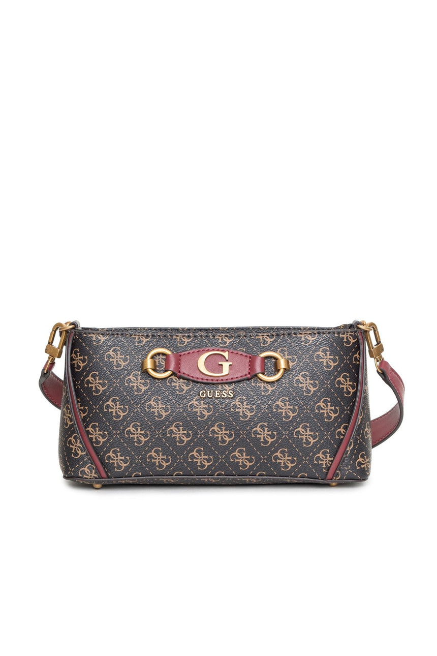 Guess Izzy Top Zip Shoulder Bag Brown / Cherry