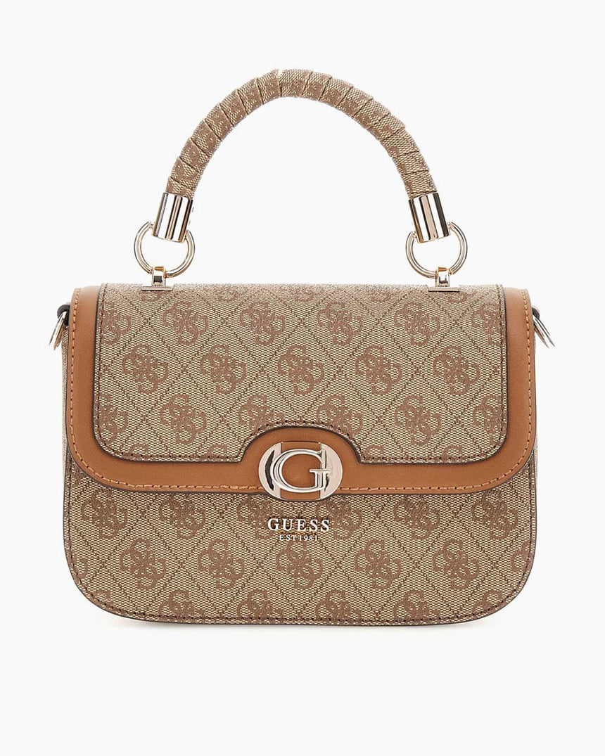 Guess Orlina Handle Flap Monogram Baskılı El Çantası Latte Logo / Brown