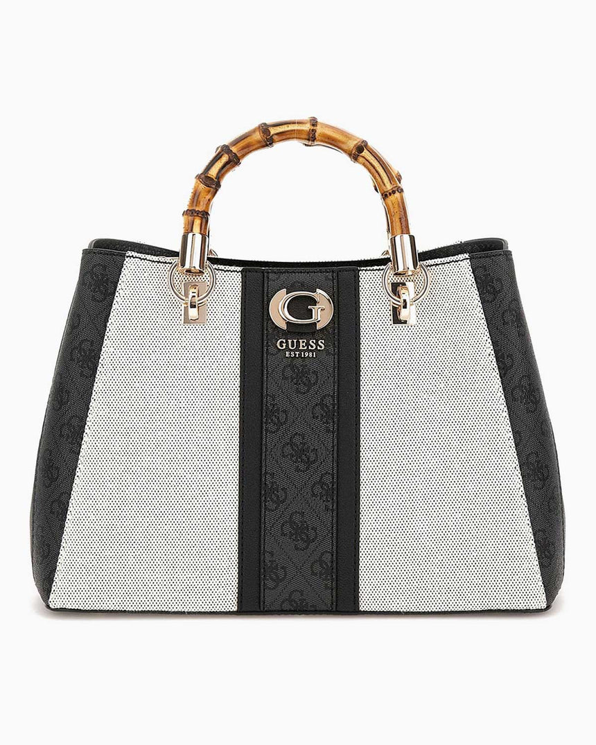 Guess Satchel Monogram Detaylı El Çantası Natural / Coal Logo