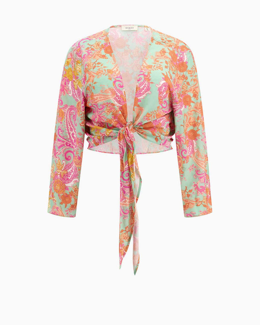 Guess Knotted Crop Kimono Ethnic Paisley Acqua