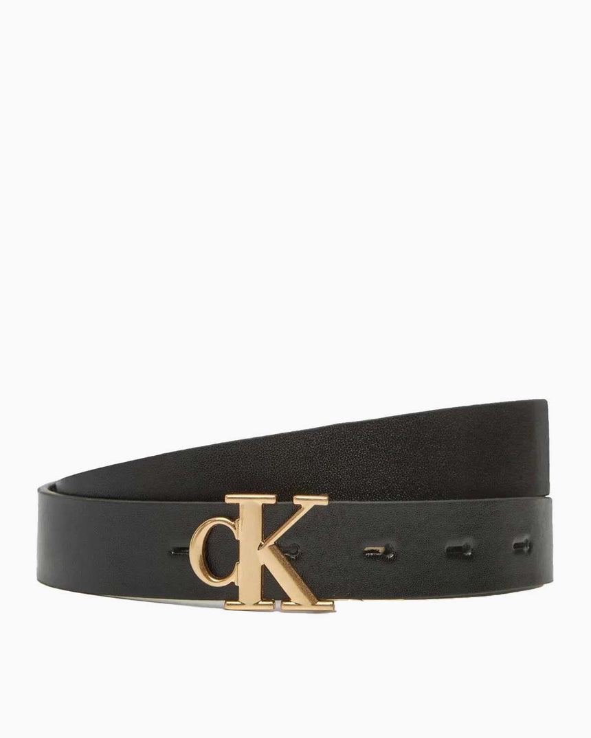 Calvin Klein Monogram Plakalı Çift Taraflı 25mm Kadın Kemer BLACK / CK LIGHT GOLD
