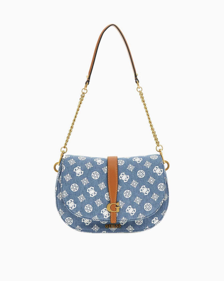 Guess Kuba Top Zip Shoulder Bag Omuz Çantası Denim Logo