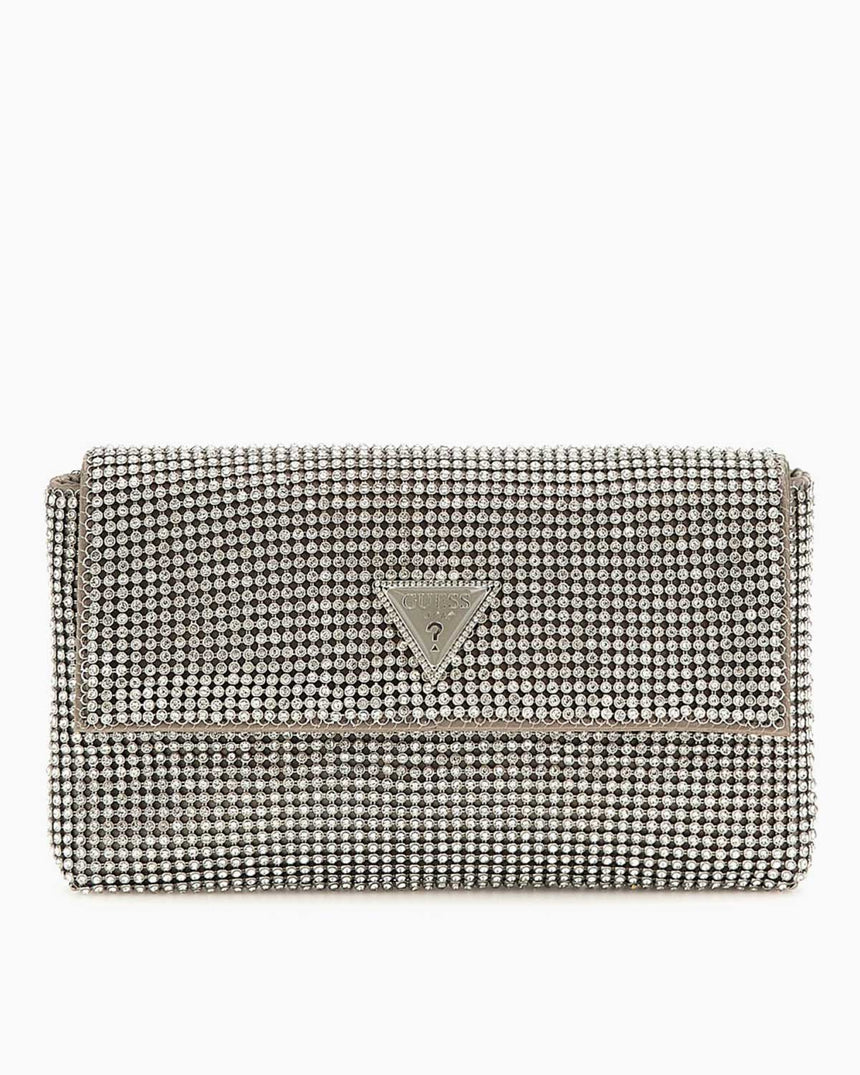 Guess Zalina Flap Clutch Zincir Detaylı Taşlı El Çantası Silver
