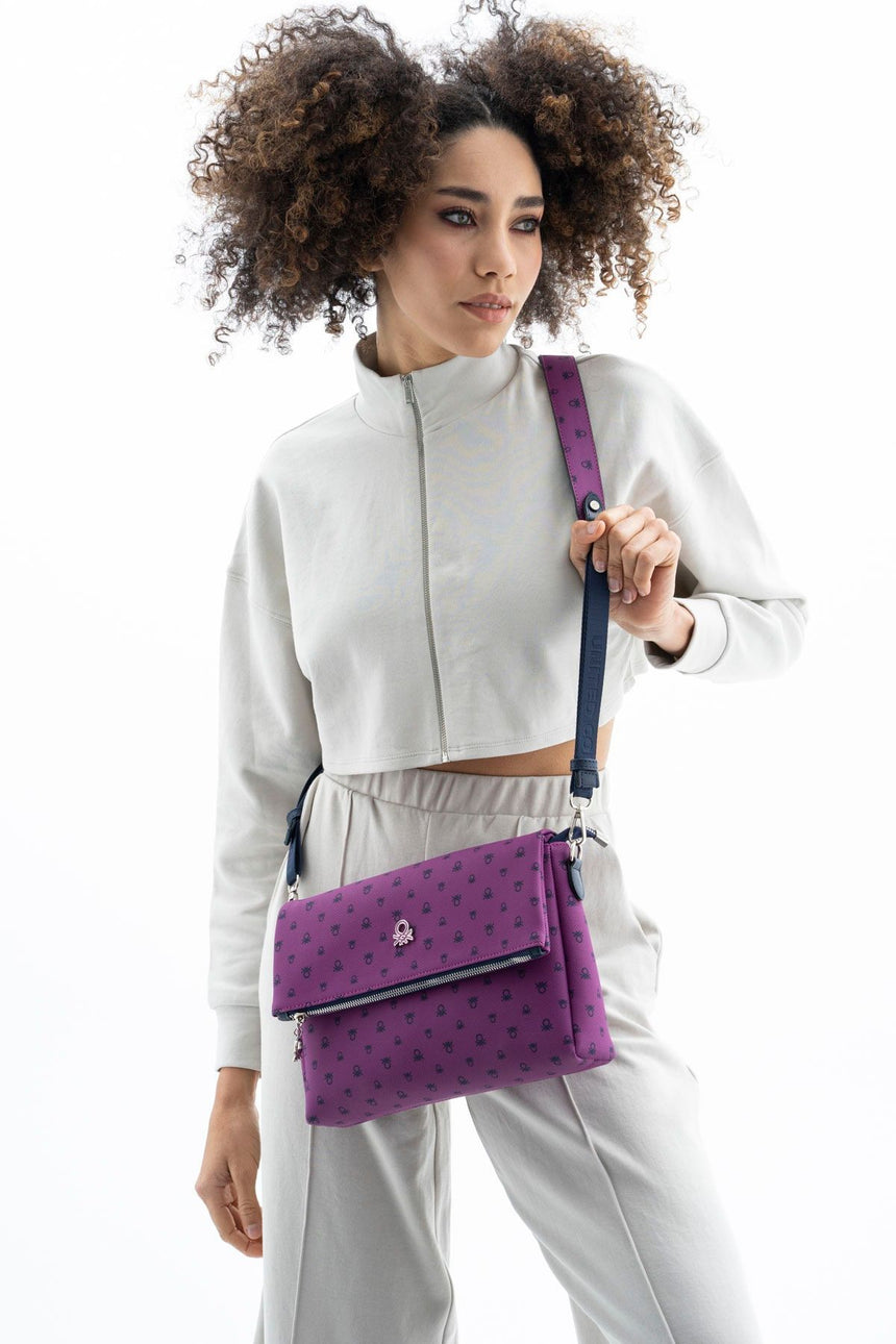 Benetton Kapaklı,Mini Logolu Çapraz Askılı Kadın Çantası Mürdüm - Lacivert