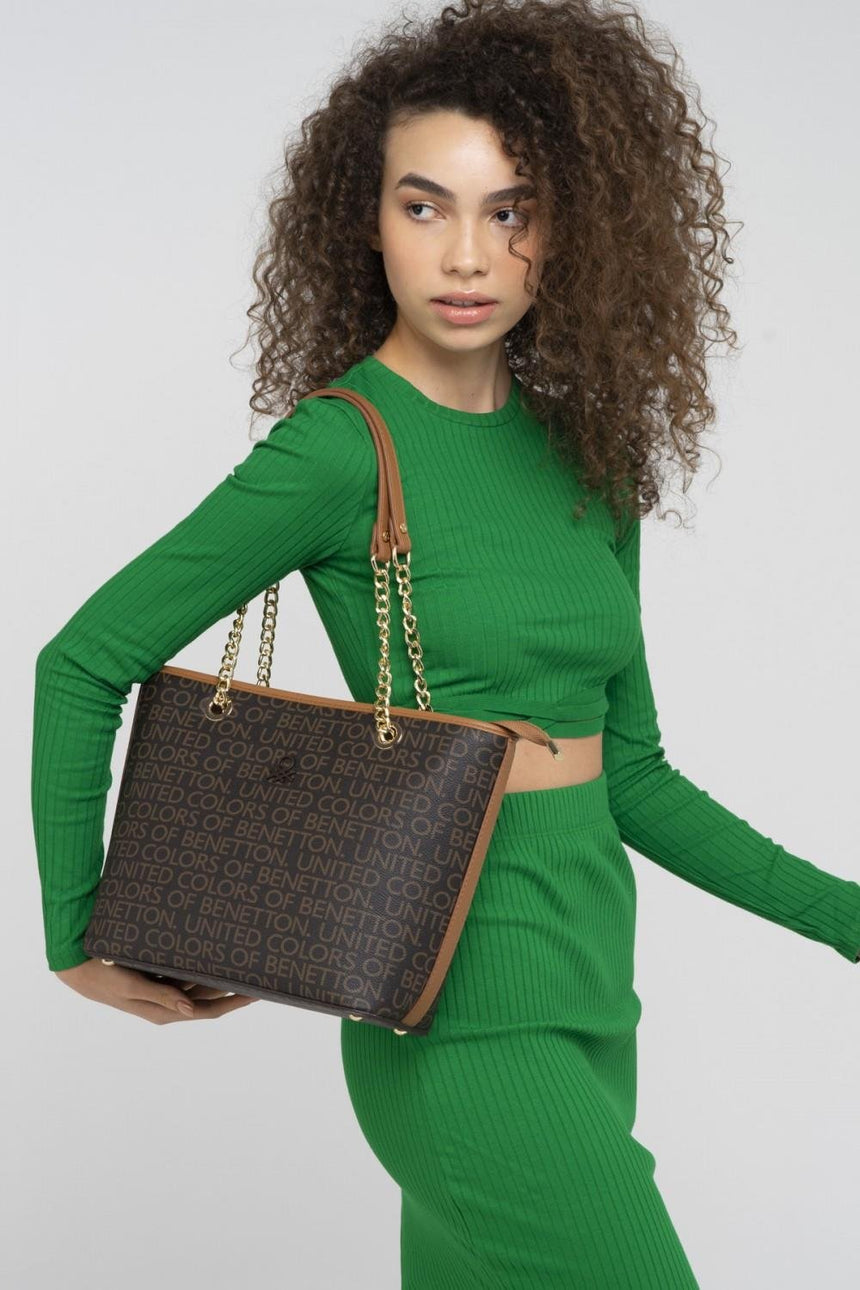 Benetton Zincir Askılı Fermuarlı Kadın Omuz Çantası Kahve-Taba