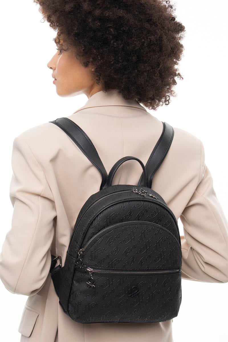 Benetton Monogram Baskılı Sırt Çantası Siyah